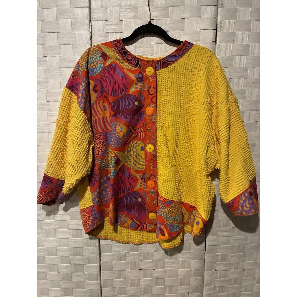 Womens Colorful Fish Print Textured Button Front Art Jacket Top